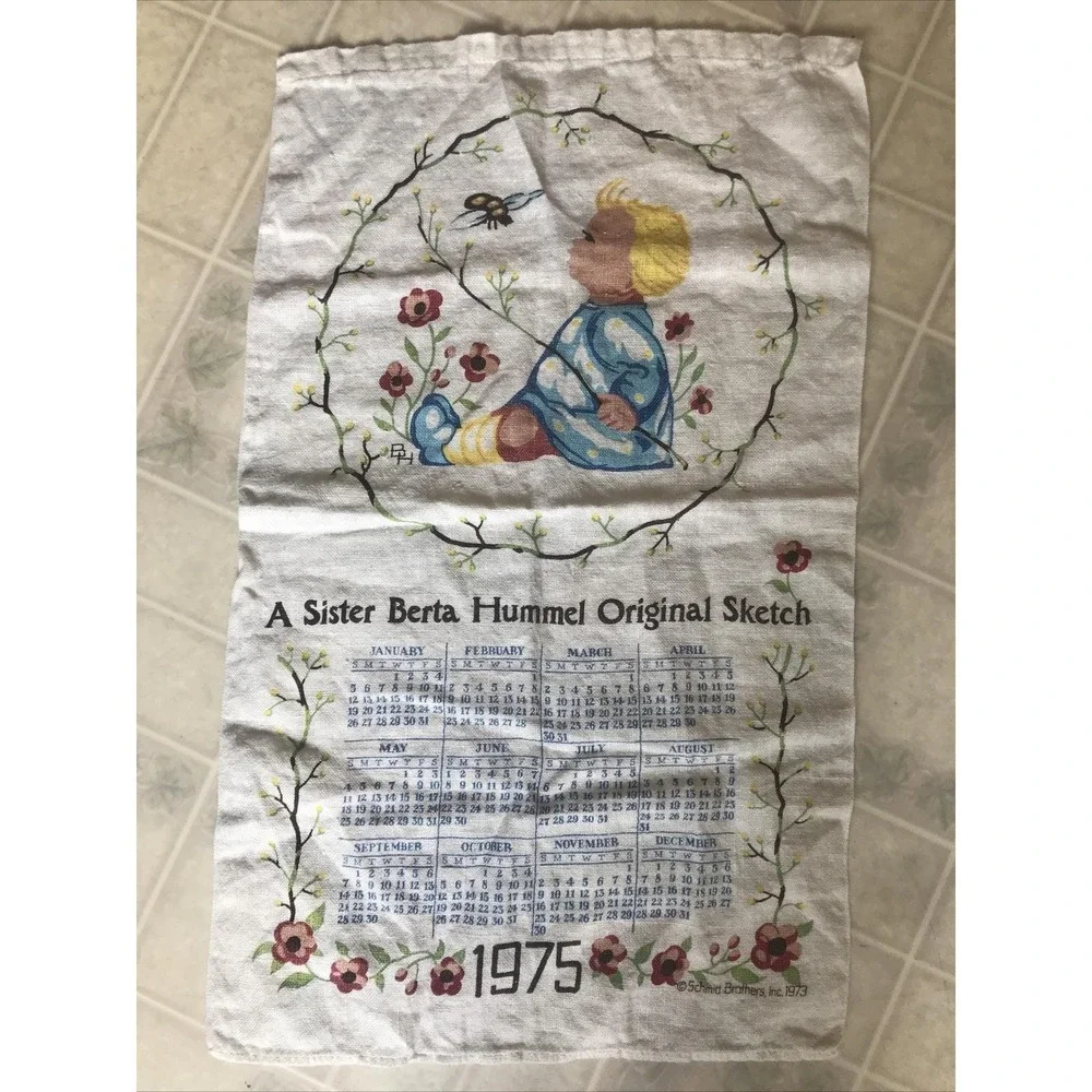 Vintage Sister Berta Hummel Linen Kitchen Towel Calendar 1975 The Bumble Bee